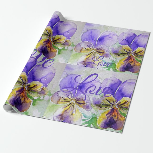 Papier Cadeau Jolie Fleur Viola Floral Purple Motif Amour (Déroulé)