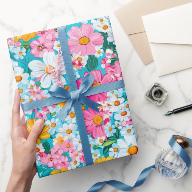 Papier Cadeau Jolie floral retro rose et bleu  (Cadeaux)