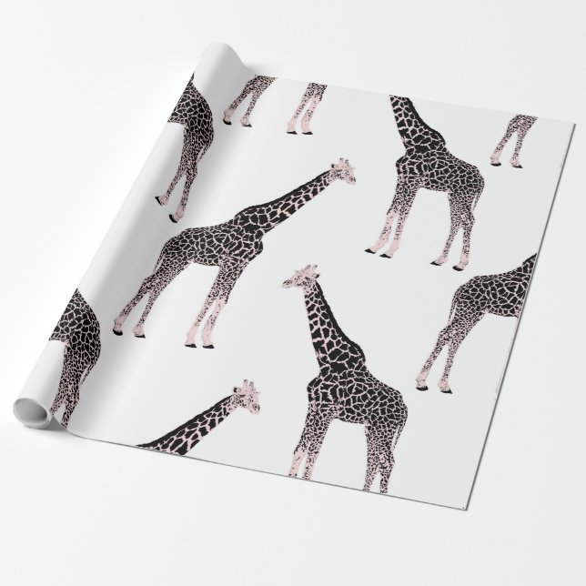 Papier Cadeau Jolie Giraffe noire blanche rose (Déroulé)