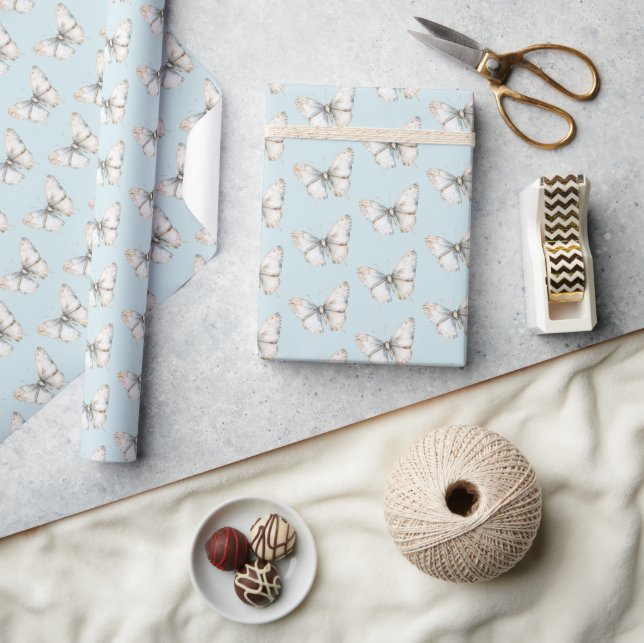 Papier Cadeau Jolie Mariage Papillons Blancs Bleus (Artisanat)
