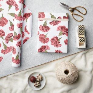 Papier Cadeau Jolie oeillets roses sur motif blanc