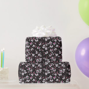 Papier Cadeau jolie petite fleur blanche rose avec fond noir