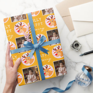 Papier Cadeau Jolie Photo de Famille de Renne Jaune Noël