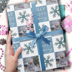 Papier Cadeau Jolie photo de famille flocon de neige bleu Noël