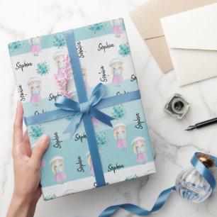 Papier Cadeau Jolie Poupée Aquarelle Peinte à la Main avec Monog