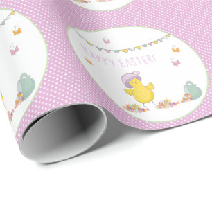 Papier Cadeau Jolie poussette de Pâques avec une tasse de thé et