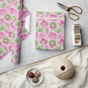 Papier Cadeau Jolie preppy Noël rose et vert Présents et vaches