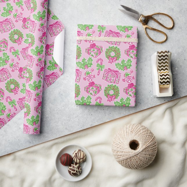Papier Cadeau Jolie preppy Noël rose et vert Présents et vaches (Artisanat)