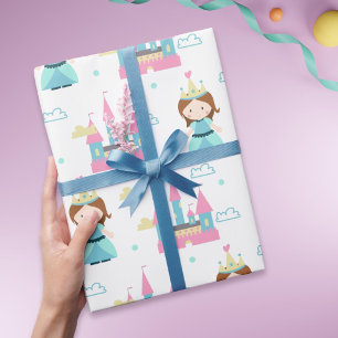 Papier Cadeau Jolie princesse et château rose et bleu