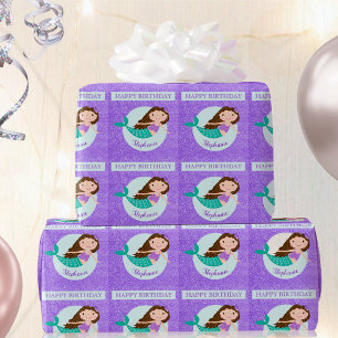 Papier Cadeau Jolie Sirène Paillettes Violettes Anniversaire Per