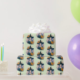 Papier Cadeau Jolie Sorcière noire Casquette étoiles Motif Hallo