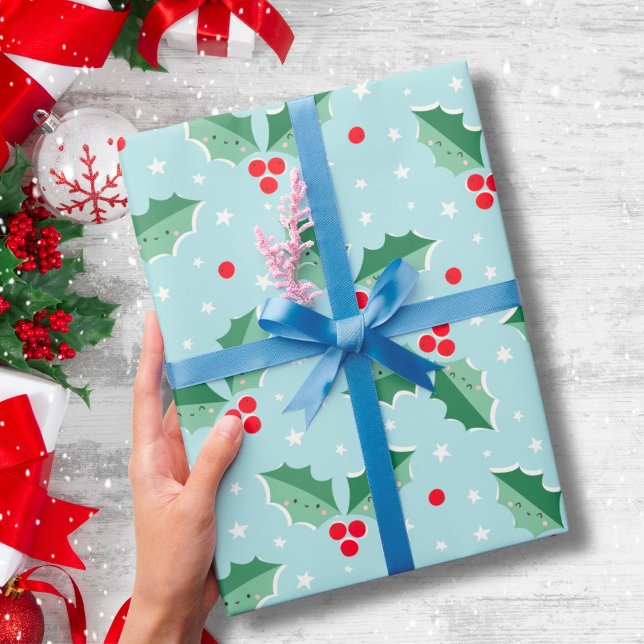 Papier Cadeau Jolies baies de houx Noël bleu clair (Créateur téléchargé)