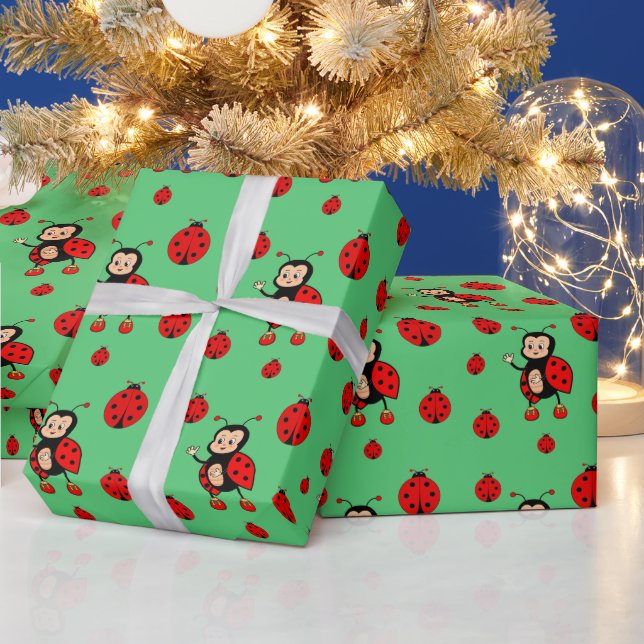 Papier Cadeau Jolies coccinelles sur fond vert (Vacances)
