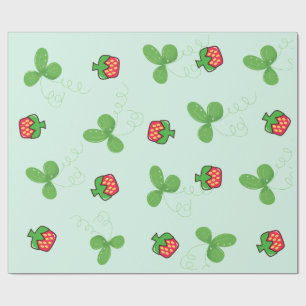 Papier Cadeau Jolies feuilles de trèfle vertes et fraises rouges