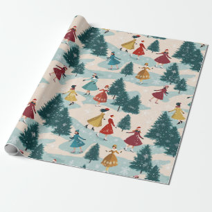 Papier Cadeau Jolies Filles Rétro Patinant dans un Paysage Hiver