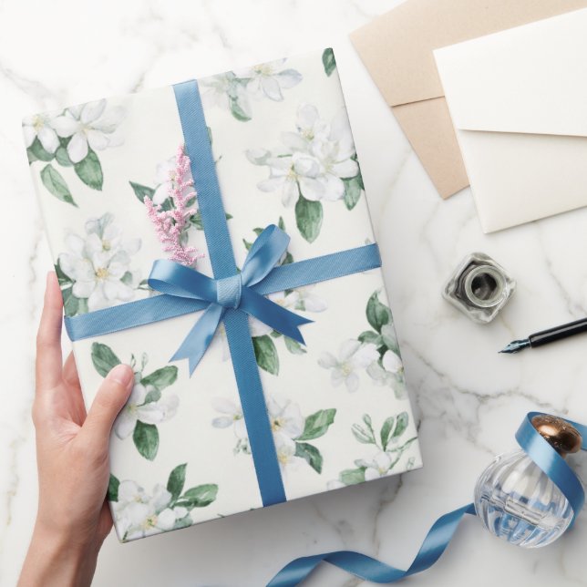 Papier Cadeau Jolies Fleurs Blanches Baby Shower  (Cadeaux)