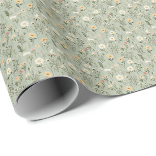 Papier Cadeau Jolies fleurs de prairie sur fond vert