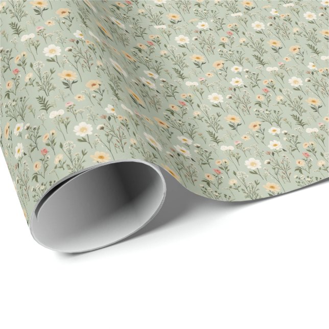 Papier Cadeau Jolies fleurs de prairie sur fond vert (Coin rond)