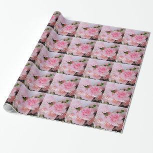 Papier Cadeau Jolies fleurs d'œillet rose joyeux anniversaire