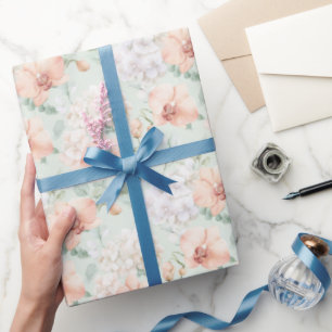 Papier Cadeau Jolies Fleurs d'Orchidée Pêche Menthe pour Anniver