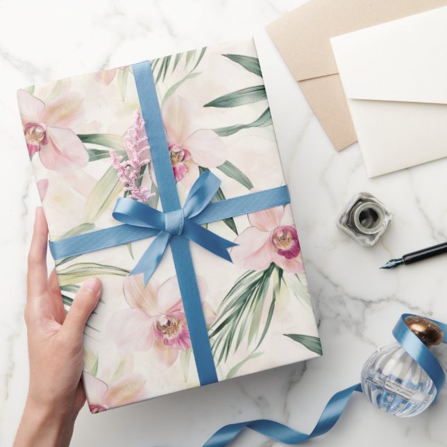 Papier Cadeau Jolies fleurs d'orchidées tropicales roses Fête de (Cadeaux)