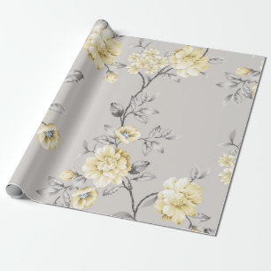 Papier Cadeau jolies fleurs jaunes avec motif feuille gris sur g
