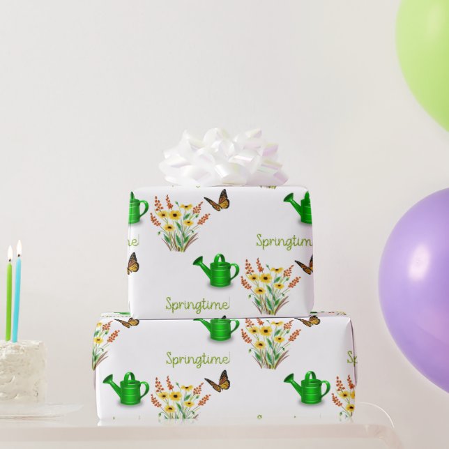 Papier Cadeau Jolies fleurs jaunes de printemps avec papillons (Cadeaux de fête)