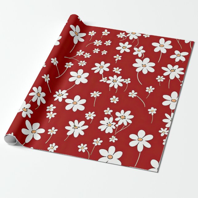 Papier Cadeau Jolies Fleurs Rouges Et Blanches (Déroulé)