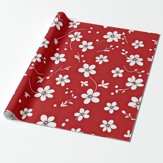 Papier Cadeau Jolies Fleurs Rouges Et Blanches (Déroulé)