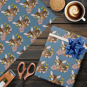 Papier Cadeau Jolies Fleurs Sauvages Faon Bleu Bébé Cerf Forêt