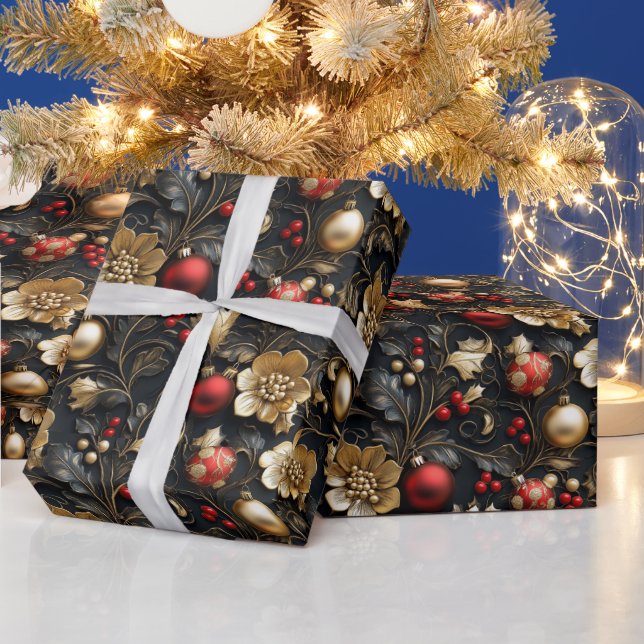 Papier Cadeau Jolies Ornements Rouges & Dorés Fleurs de Houx Dor (Vacances)