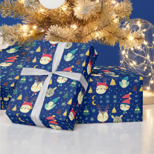 Papier Cadeau Jolis Animaux Arbres de Noël Bleu Noël