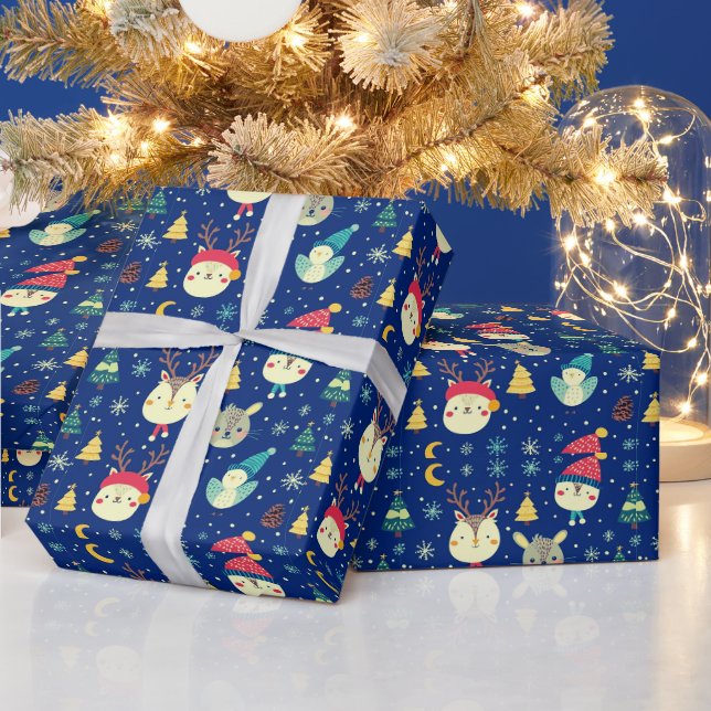 Papier Cadeau Jolis Animaux Arbres de Noël Bleu Noël (Vacances)