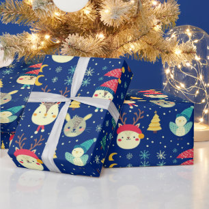 Papier Cadeau Jolis Animaux Arbres de Noël Bleu Noël