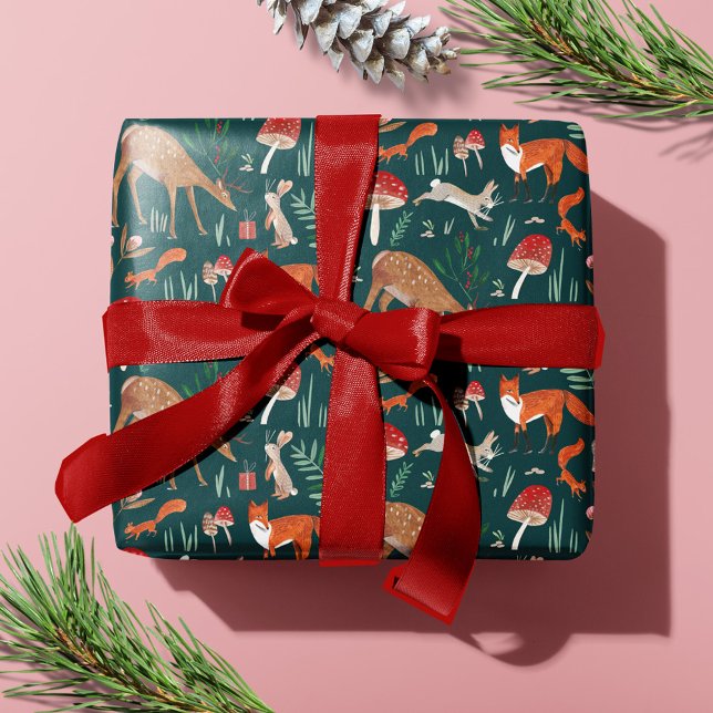 Papier Cadeau Jolis Animaux de la Forêt de Noël Verte (Cute Woodland Animals Green Christmas Forest Wrapping Paper)