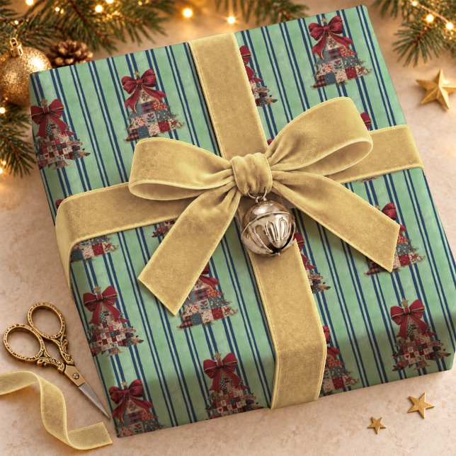 Papier Cadeau Jolis arbres de Noël patchwork rayés Coquette (Créateur téléchargé)