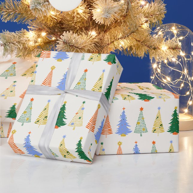 Papier Cadeau Jolis arbres de Noël Rouge Vert Boho  (Vacances)