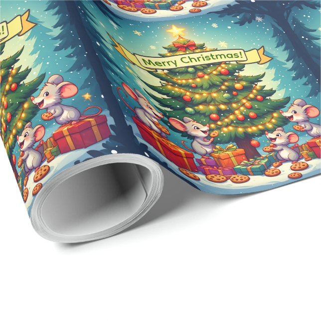 Papier Cadeau Jolis biscuits de souris de Noël Arbre festif joye (Coin rond)