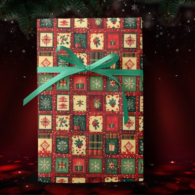 Papier Cadeau Jolis blocs patchwork verts et rouges (Créateur téléchargé)