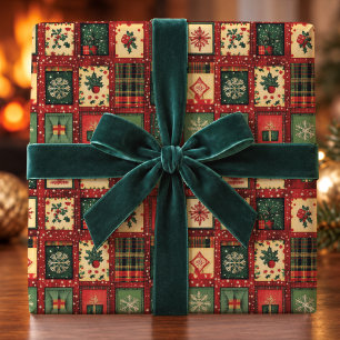 Papier Cadeau Jolis blocs patchwork verts et rouges pour Noël