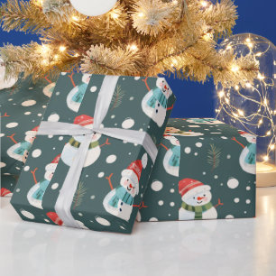 Papier Cadeau Jolis Bonshommes de Neige Verdure Neige Vert Noël