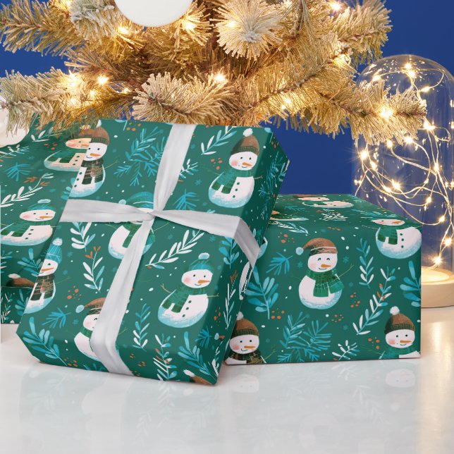 Papier Cadeau Jolis bonshommes de neige Verdure Noël vert (Vacances)