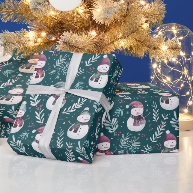 Papier Cadeau Jolis Bonshommes de Neige Verdure Noël Vert (Vacances)