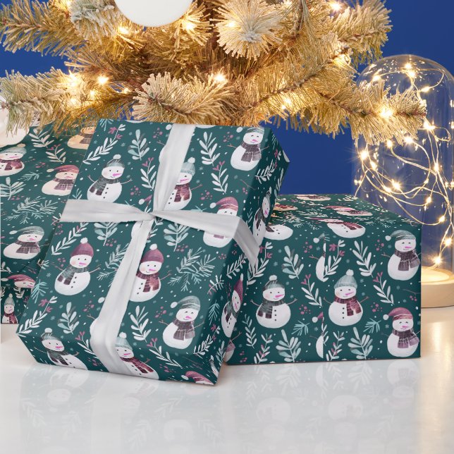 Papier Cadeau Jolis bonshommes de neige Verdure Noël vert (Vacances)