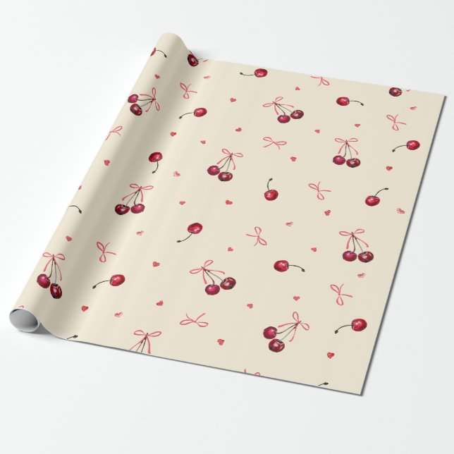 Papier Cadeau Jolis cœurs roses rouges Cerises Rubans Crème (Déroulé)