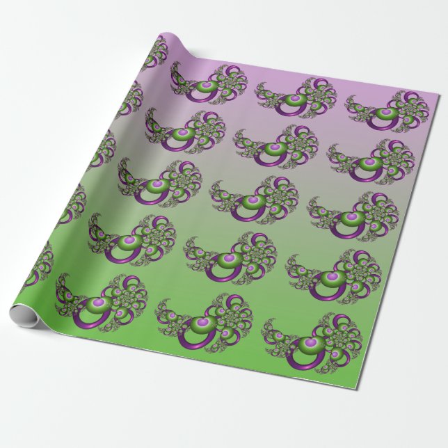 Papier Cadeau Jolis cœurs verts roses modernes abstraits fractal (Déroulé)