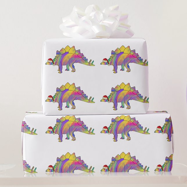 Papier Cadeau Jolis Dinosaures Colorés de Noël (Kids cute stegosaurus dinosaur christmas wrapping Colorful rainbow watercolor festive dino pattern)