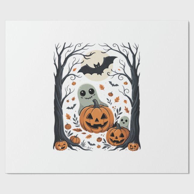 Papier Cadeau Jolis fantômes d'Halloween et forêt de citrouilles (Plat)