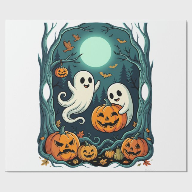 Papier Cadeau Jolis fantômes d'Halloween et forêt de citrouilles (Plat)