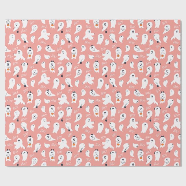 Papier Cadeau Jolis fantômes Halloween Élégant Rose Blanc (Plat)